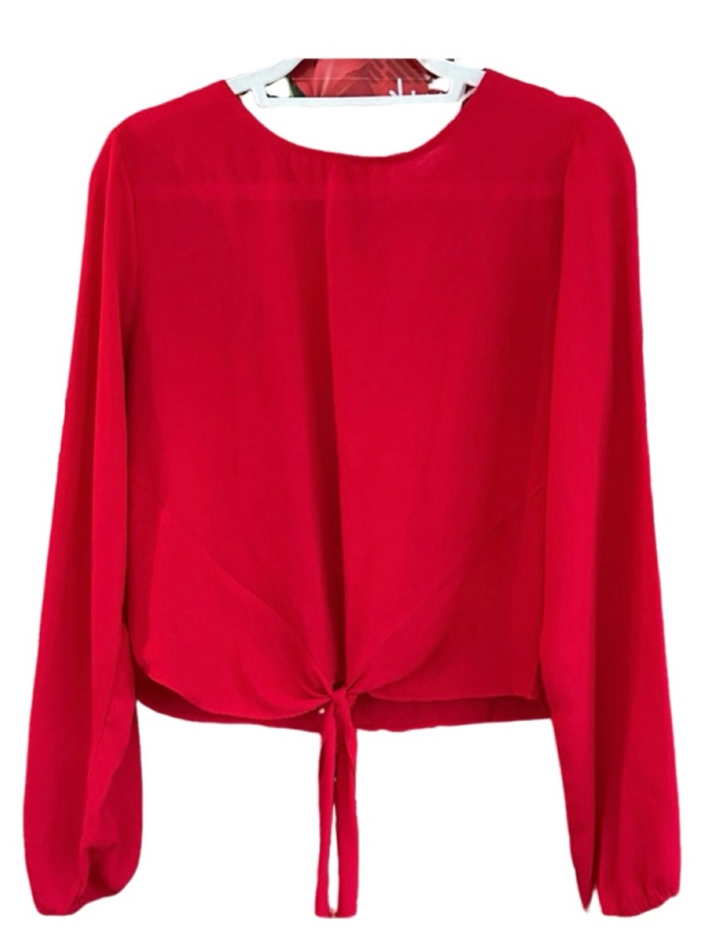 Love Tree semi sheer red blouse with front tie